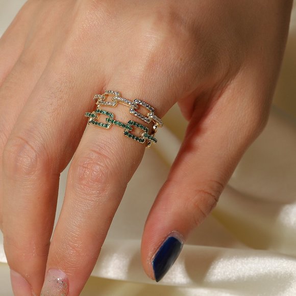 Square Buckle Link‎ Chain Adjustable Ring With Zircon - Picture 5 of 9